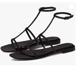 FYS Black Square Open Toe Sandals Backless Ankle Strap Flats Casual Beach Shoes